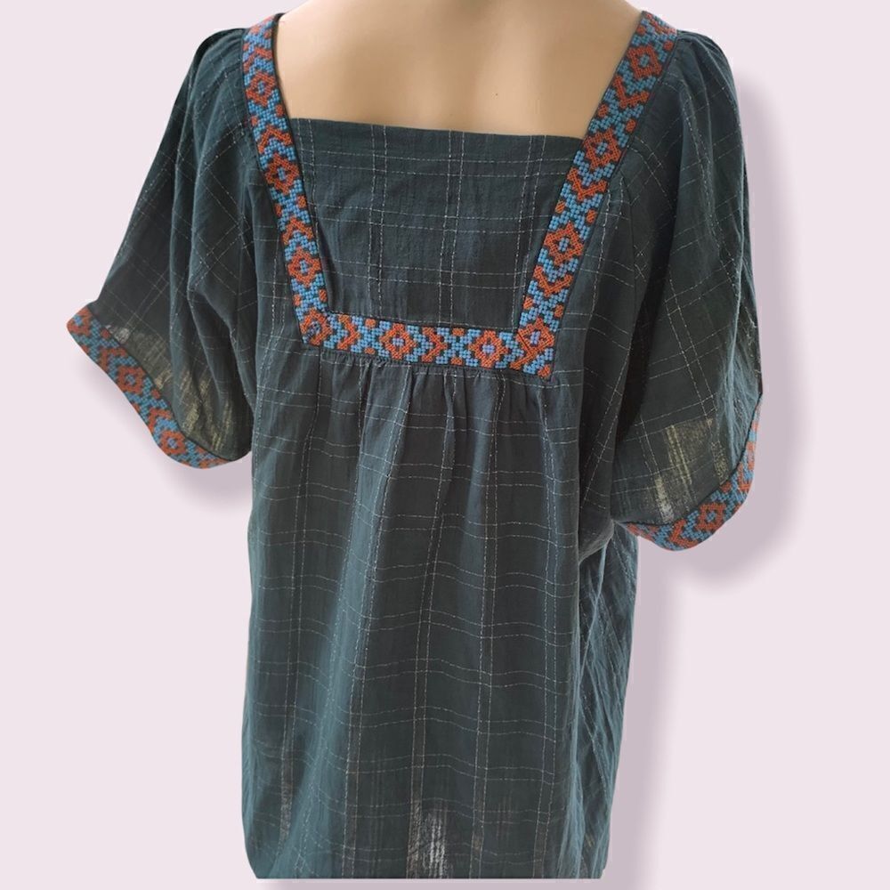 Entro dark teal embroidered peasant blouse - Picture 2 of 5